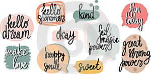 Hand drawn set of colorful speech bubbles and forms with inspire words, Vector bubbles speech doodle set.